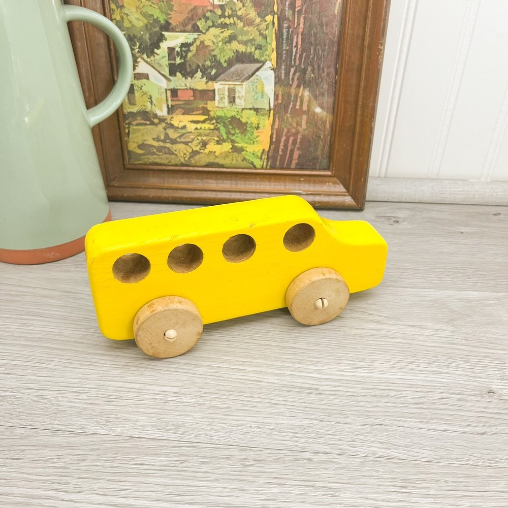 Vintage Wooden School Bus Toy: Yellow Old World Decor